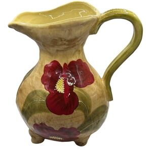 Vintage GiftCraft Oasis Red Poppy Flowers Green Leaves Footed 64 Oz Pitcher